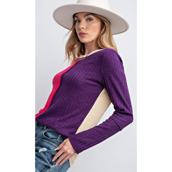 Easel ET17884 Large | Color Block Ribbed Top Plum Pink - Picture 2 of 3